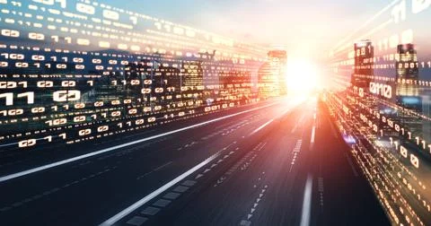 Digital data flow on road with motion blur to create vision of fast speed 스톡 사진