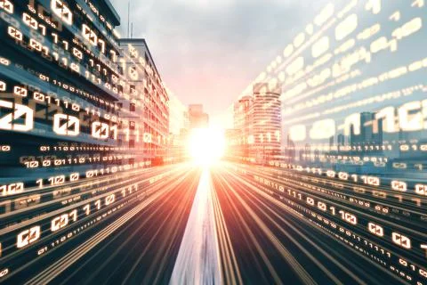 Digital data flow on road with motion blur to create vision of fast speed Stockfoto's