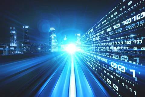 Digital data flow on road with motion blur to create vision of fast speed Stockfoto's