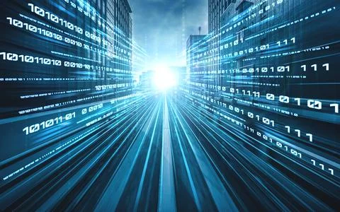 Digital data flow on road with motion blur to create vision of fast speed Stock Photos