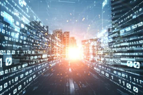 Digital data flow on road with motion blur to create vision of fast speed Stockfoto's