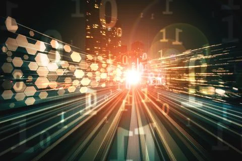 Digital data flow on road with motion blur to create vision of fast speed Foto stock