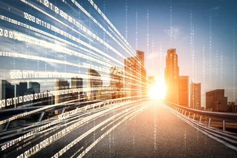 Digital data flow on road with motion blur to create vision of fast speed Stock Photos