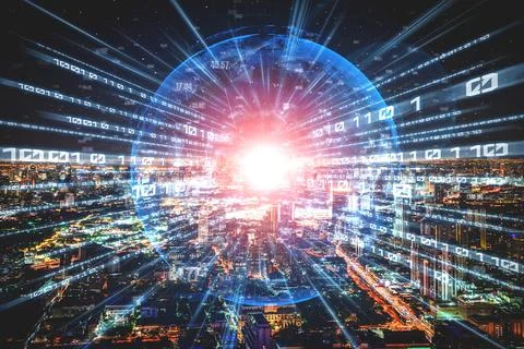 Digital data flow on road with motion blur to create vision of fast speed Foto stock