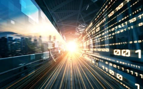 Digital data flow on road with motion blur to create vision of fast speed Foto stock