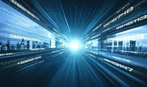 Digital data flow on road with motion blur to create vision of fast speed Foto stock