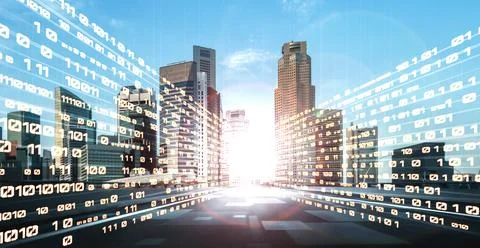 Digital data flow on road with motion blur to create vision of fast speed Foto stock