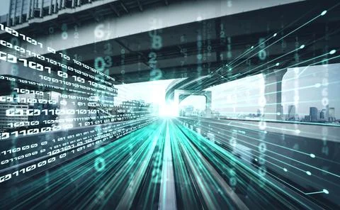 Digital data flow on road with motion blur to create vision of fast speed Foto stock