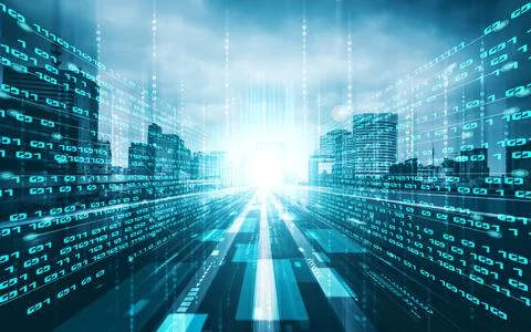 Digital data flow on road with motion blur to create vision of fast speed Stockfoto's