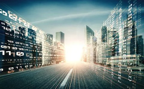 Digital data flow on road with motion blur to create vision of fast speed 스톡 사진