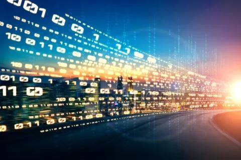 Digital data flow on road with motion blur to create vision of fast speed Stock Photos