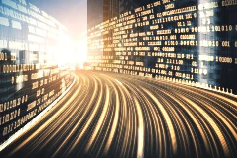 Digital data flow on road with motion blur to create vision of fast speed Foto stock