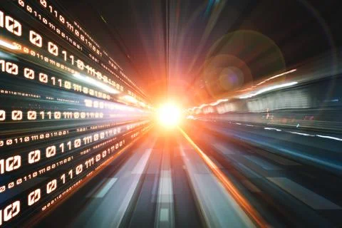 Digital data flow on road with motion blur to create vision of fast speed Foto stock