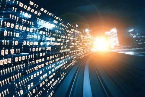 Digital data flow on road with motion blur to create vision of fast speed Stockfoto's