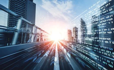 Digital data flow on road with motion blur to create vision of fast speed Stock Photos