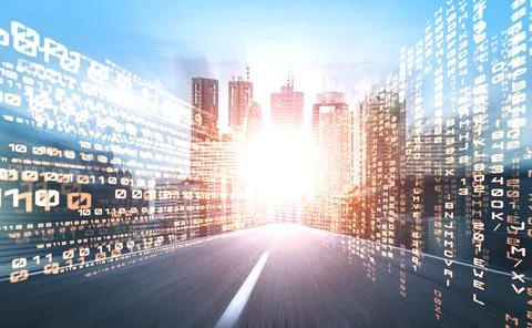 Digital data flow on road with motion blur to create vision of fast speed Stock Photos