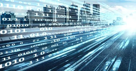 Digital data flow on road with motion blur to create vision of fast speed Foto stock