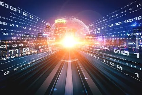 Digital data flow on road with motion blur to create vision of fast speed Stock Photos