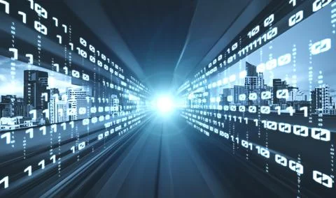 Digital data flow on road with motion blur to create vision of fast speed Stockfoto's