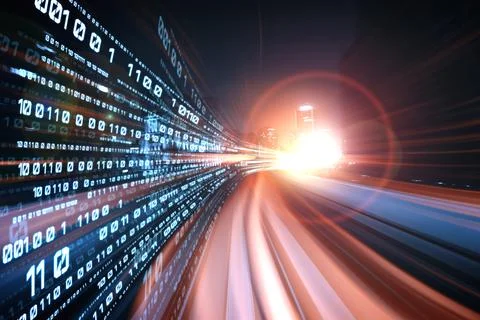 Digital data flow on road with motion blur to create vision of fast speed Stockfoto's