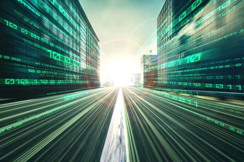 Digital data flow on road with motion blur to create vision of fast speed Stock Photos
