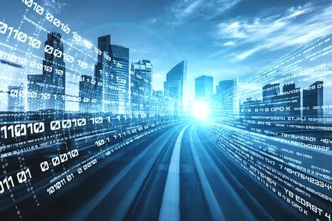 Digital data flow on road with motion blur to create vision of fast speed Stock Photos