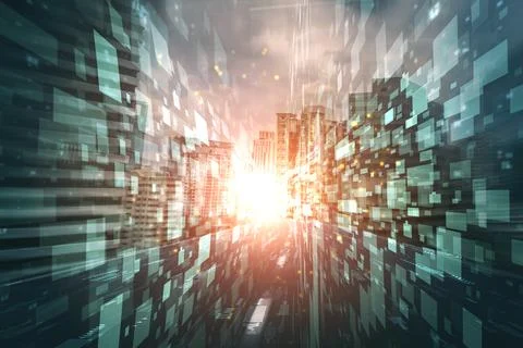 Digital data flow on road with motion blur to create vision of fast speed 스톡 사진