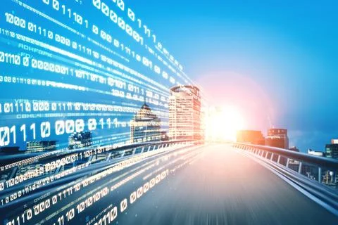 Digital data flow on road with motion blur to create vision of fast speed Stockfoto's