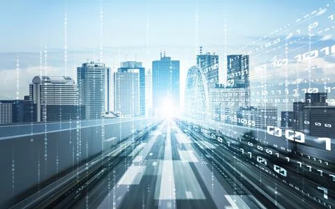 Digital data flow on road with motion blur to create vision of fast speed Foto stock