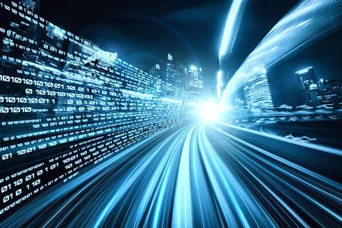 Digital data flow on road with motion blur to create vision of fast speed Stockfoto's