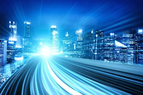 Digital data flow on road with motion blur to create vision of fast speed Foto stock