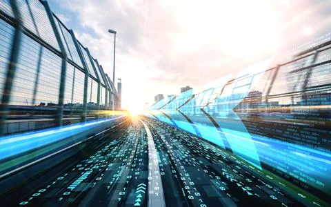 Digital data flow on road with motion blur to create vision of fast speed Stock Photos