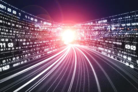 Digital data flow on road with motion blur to create vision of fast speed Stockfoto's