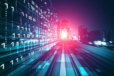 Digital data flow on road with motion blur to create vision of fast speed Foto stock