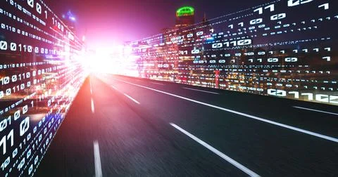 Digital data flow on road with motion blur to create vision of fast speed Stock Photos