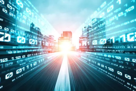 Digital data flow on road with motion blur to create vision of fast speed Foto stock