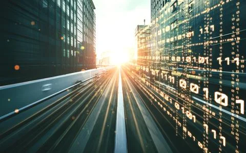 Digital data flow on road with motion blur to create vision of fast speed Stock Photos