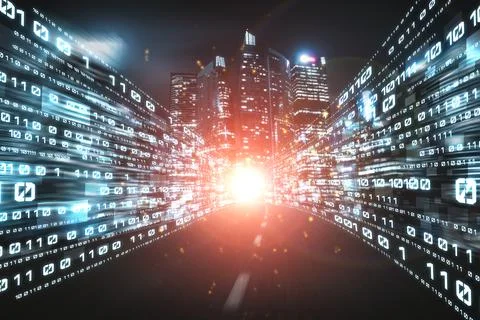 Digital data flow on road with motion blur to create vision of fast speed Foto stock