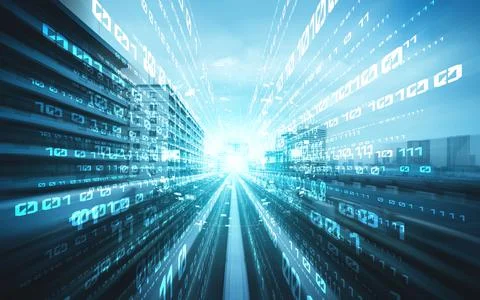 Digital data flow on road with motion blur to create vision of fast speed Foto stock