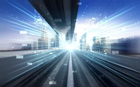 Digital data flow on road with motion blur to create vision of fast speed Stockfoto's