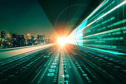 Digital data flow on road with motion blur to create vision of fast speed Stock Photos