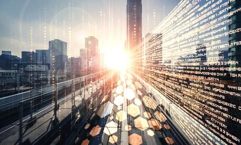 Digital data flow on road with motion blur to create vision of fast speed Stock Photos