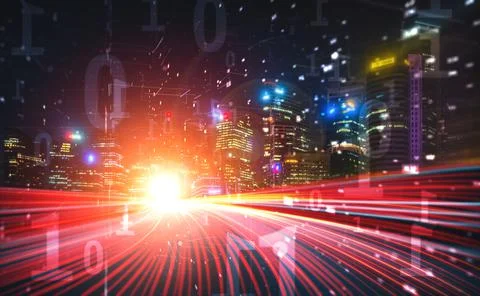 Digital data flow on road with motion blur to create vision of fast speed Stock Photos