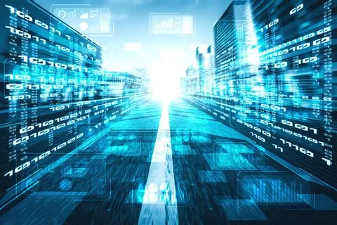 Digital data flow on road with motion blur to create vision of fast speed Stockfoto's