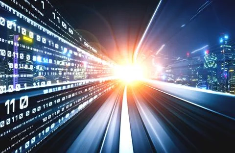 Digital data flow on road with motion blur to create vision of fast speed Stockfoto's