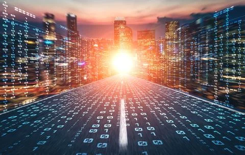 Digital data flow on road with motion blur to create vision of fast speed Foto stock