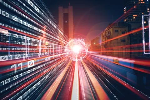 Digital data flow on road with motion blur to create vision of fast speed Foto stock