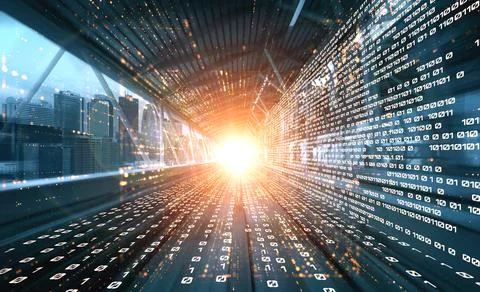 Digital data flow on road with motion blur to create vision of fast speed 스톡 사진