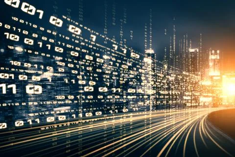 Digital data flow on road with motion blur to create vision of fast speed 스톡 사진