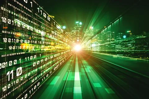 Digital data flow on road with motion blur to create vision of fast speed Stockfoto's